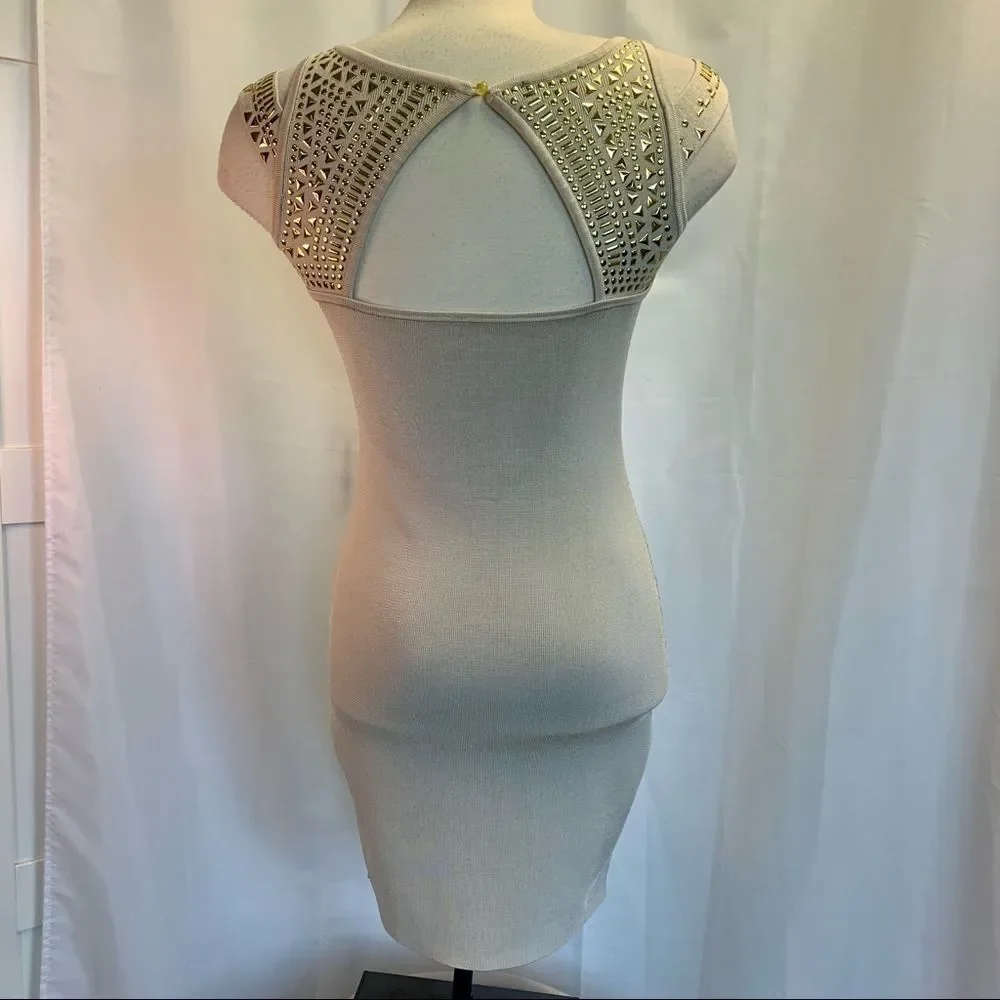 BEBE tan gold embellished bandage dress Sz medium - Picture 2 of 10
